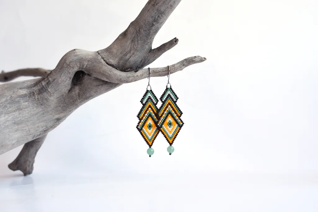 Бохо серьги из бисера с авантюрином