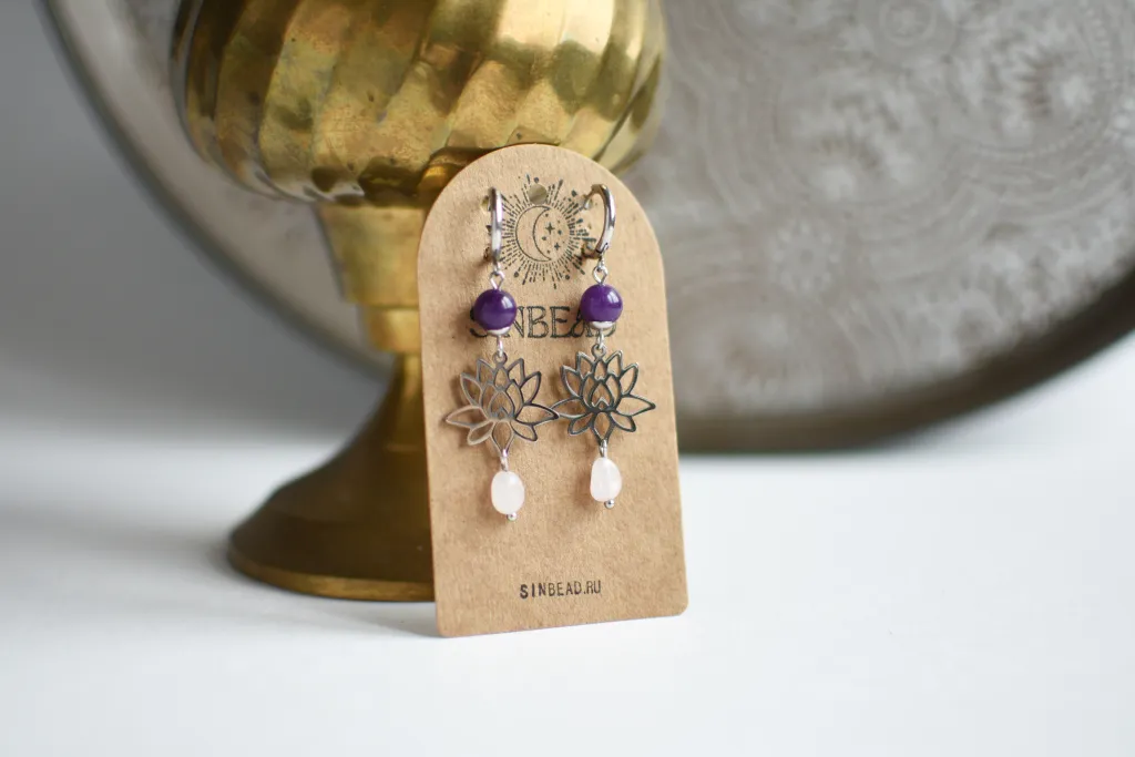 Серьги "Лотос" с кварцем