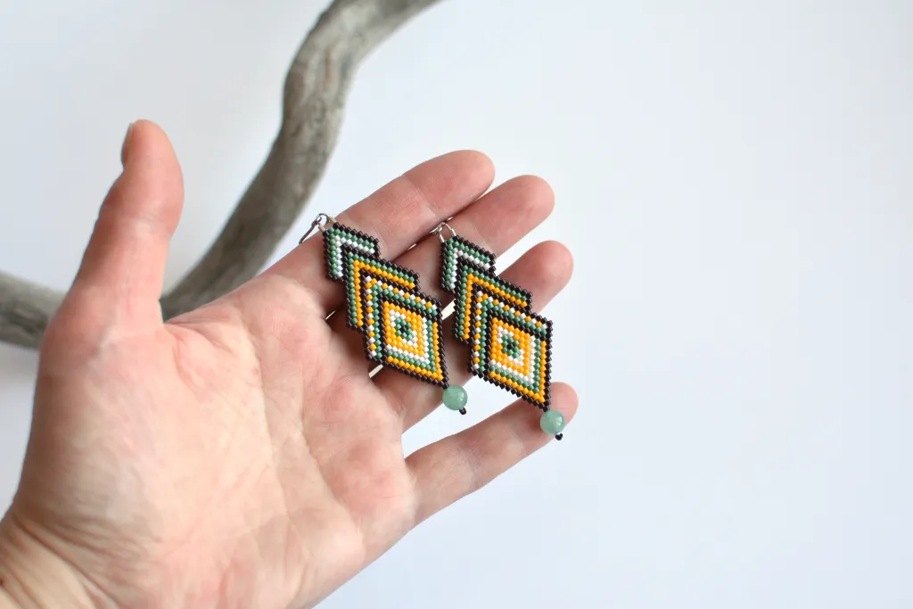 Бохо серьги из бисера с авантюрином