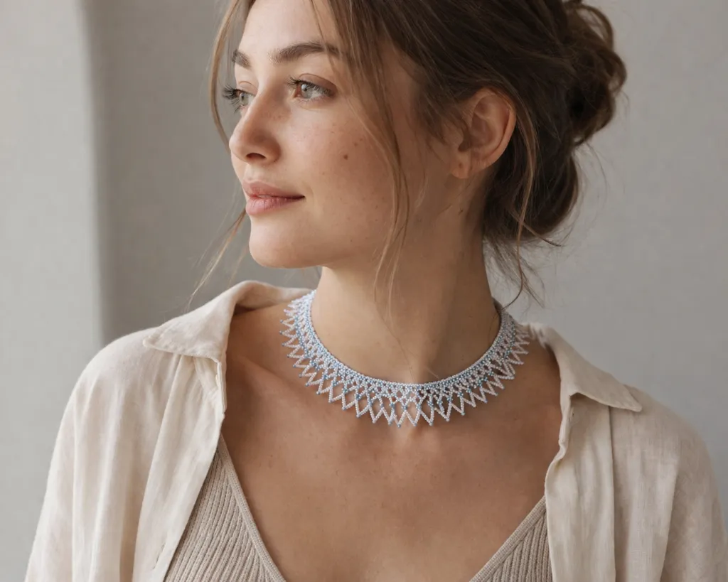 Бело-голубое ожерелье из бисера