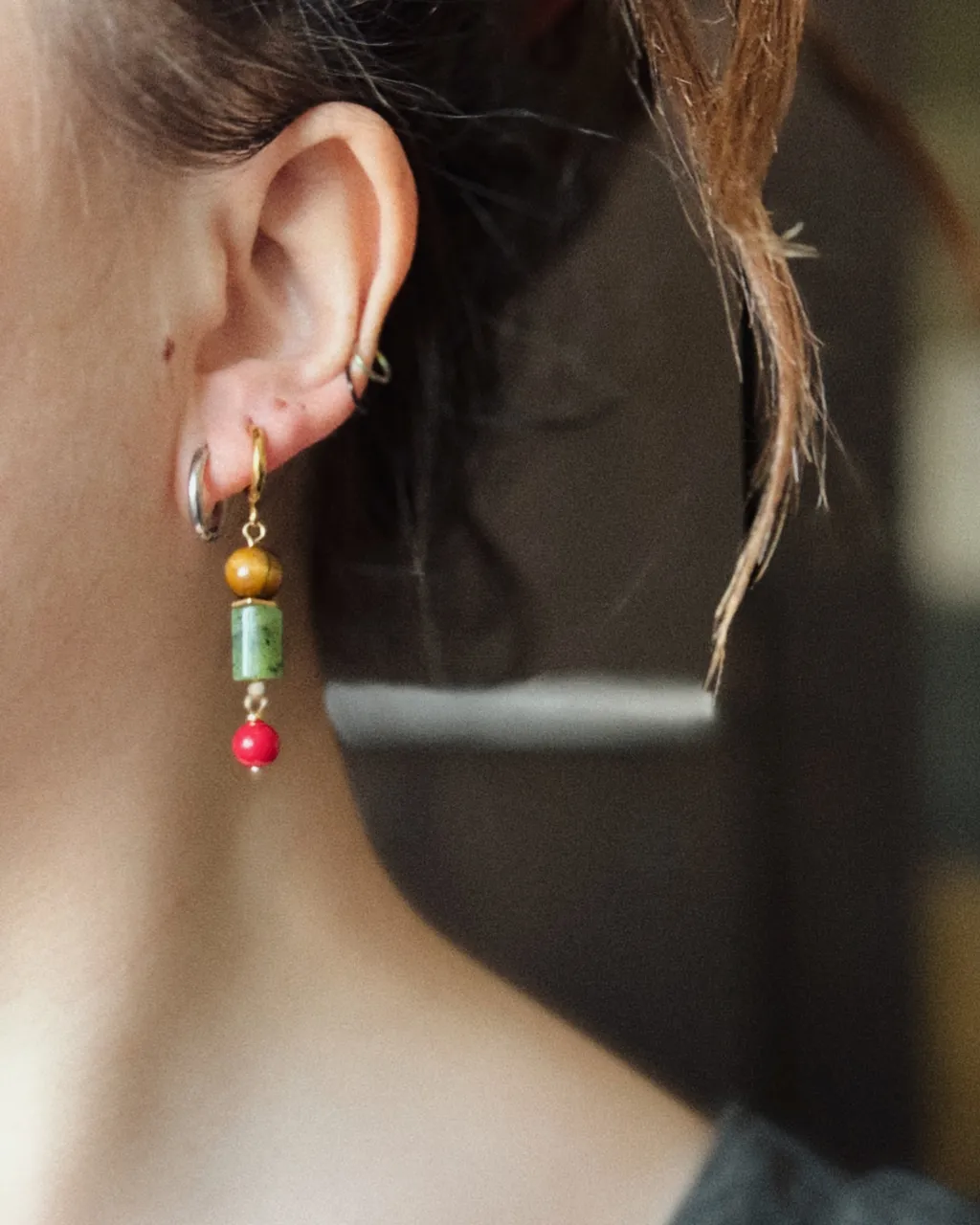 Серьги с серпентином и тигровым глазом