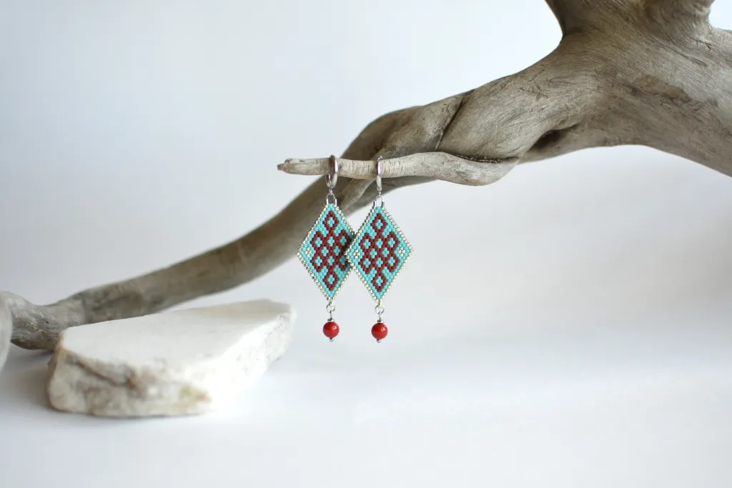 Серьги "Улзы" бирюзовые с кораллом