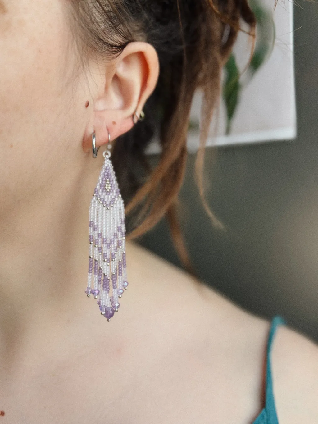 Сиреневые серьги-кисти из бисера с аметистом