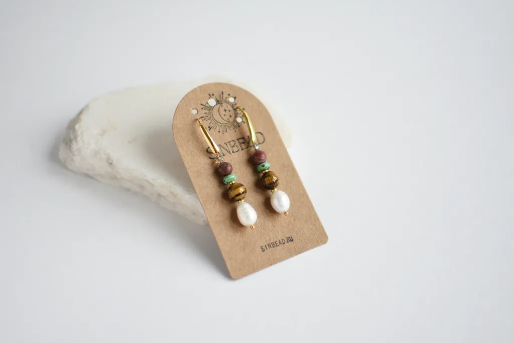 Серьги с тигровым глазом и жемчугом