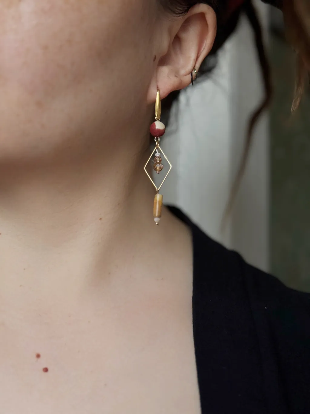 Серьги ромбы с мукаитом и агатом
