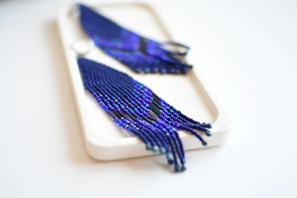 Длинные синие бохо серьги из бисера