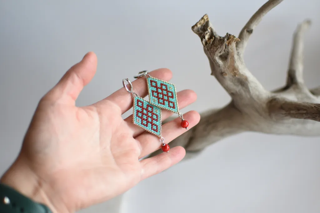 Серьги "Улзы" бирюзовые с кораллом