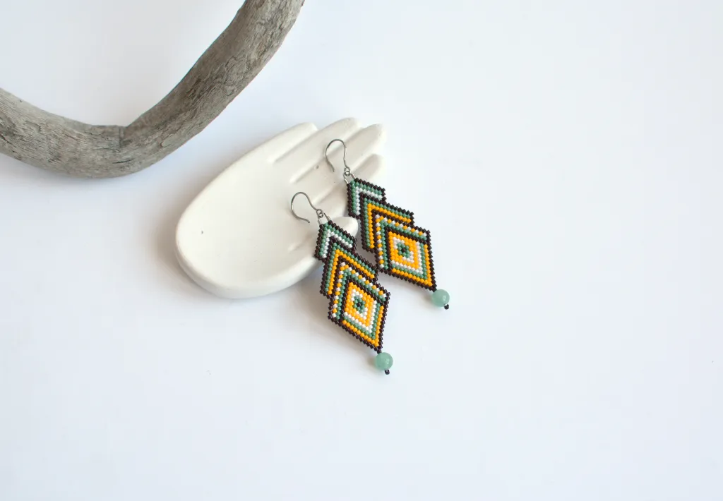 Бохо серьги из бисера с авантюрином