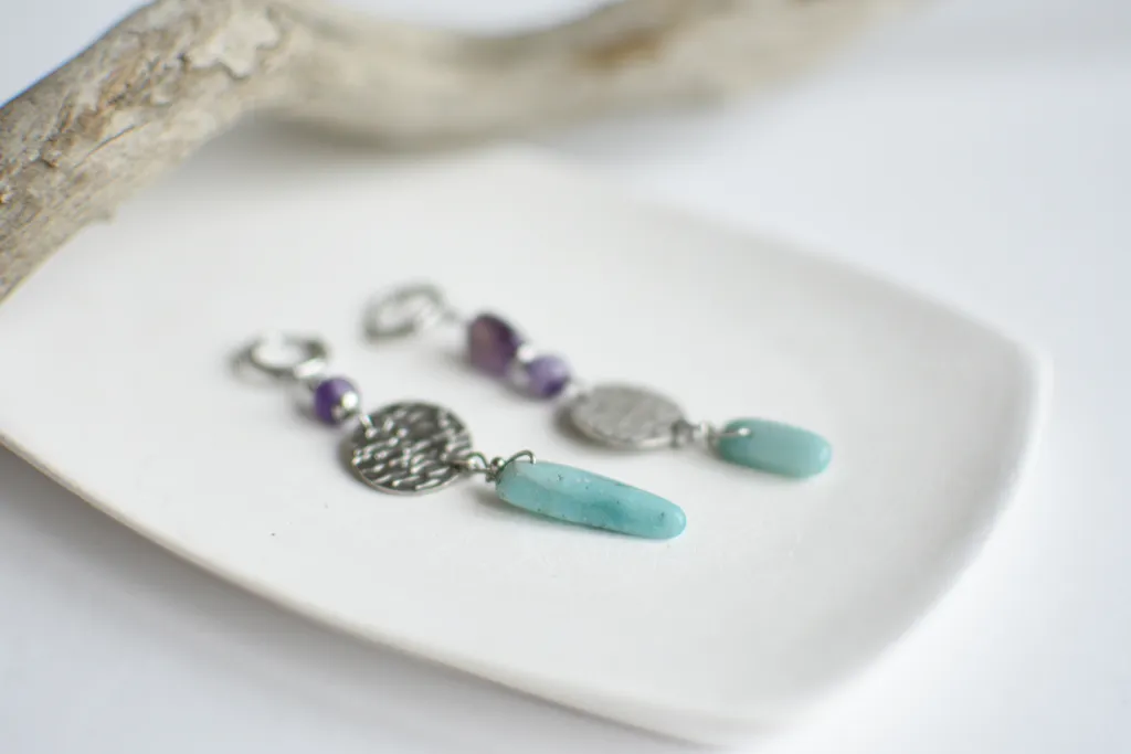 Серьги с амазонитом и аметистом