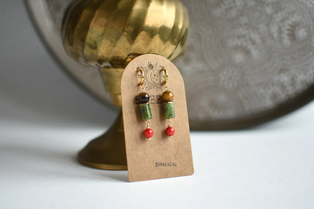 Серьги с серпентином и тигровым глазом